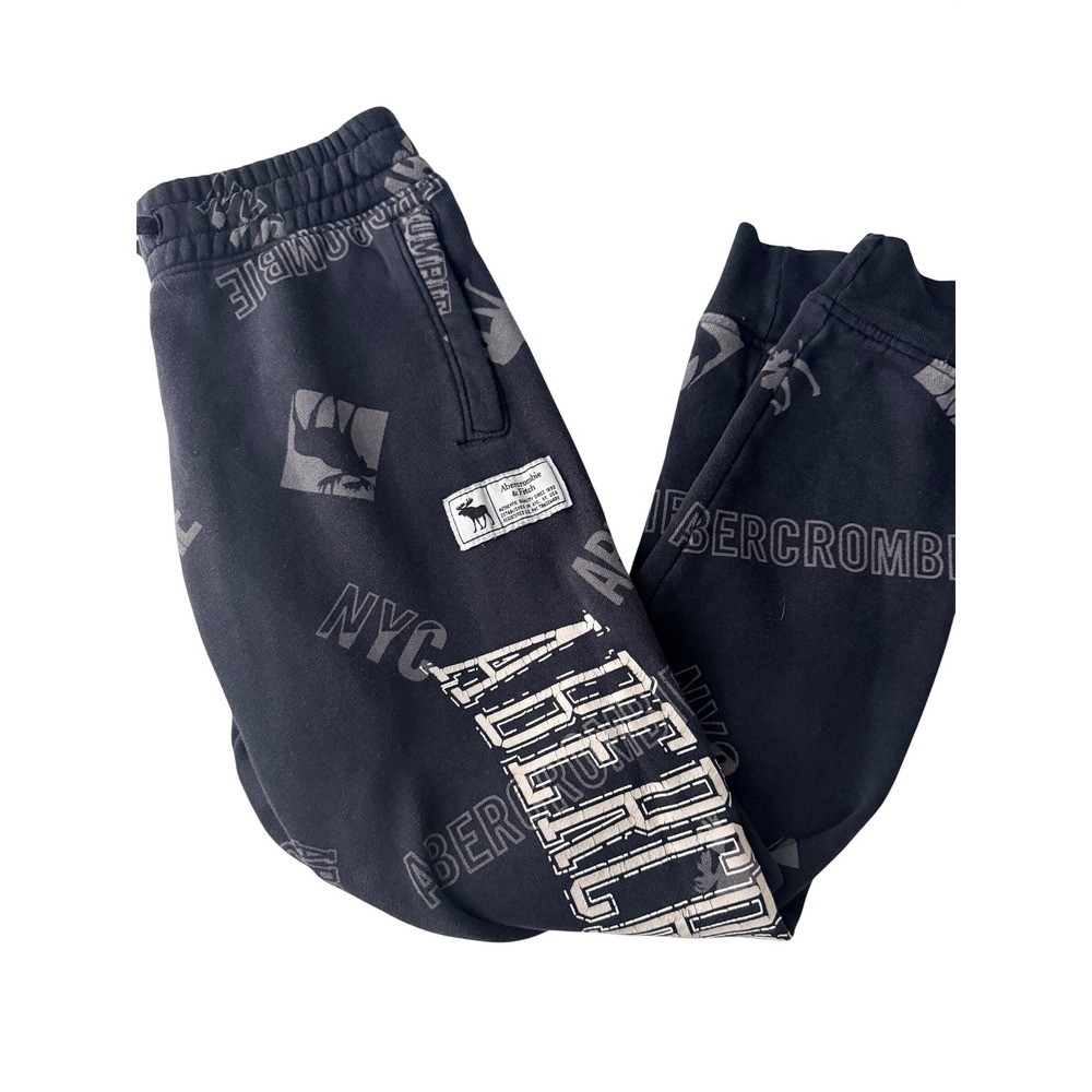 Abercrombie Kids Joggers Black All Over Logo Print Fleece Sweatpants 9/10